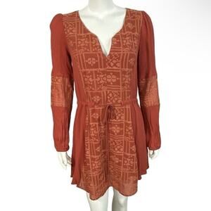 Miss Me Dress Embroidered Size Small Long Sleeve Boho Mini Rust Deep Vneck